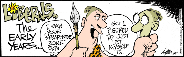 A cartoon depicting a man and a woman in a gun-free zone, holding a knife.