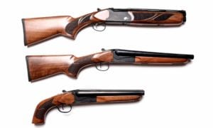 Three wooden shotguns on a white background, ready for action in Fast & Furious style.