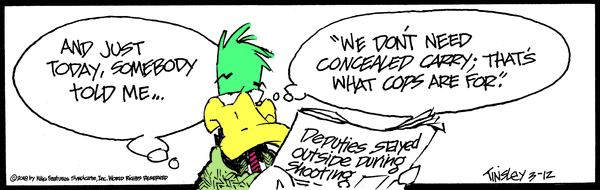 political cartoon about deputies staying outside during shooting