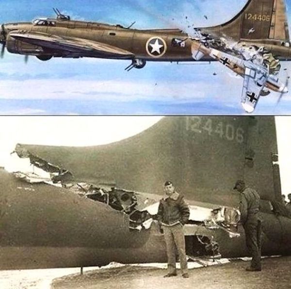 Two images: The top shows a damaged WWII aircraft mid-flight, with part of its structure missing. The bottom shows two men inspecting the large hole in the aircraft's side after landing.