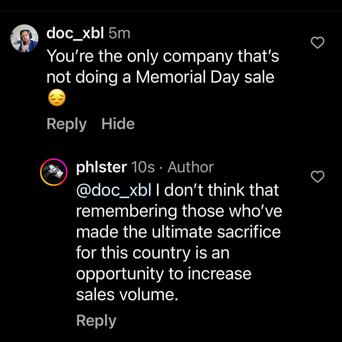 Instagram comment exchange where one user expresses disappointment that a company is not having a Memorial Day sale, and the company responds that Memorial Day is not for increasing sales volume.