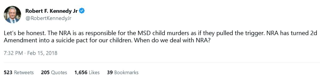A tweet by robert f. kennedy jr criticizing the nra's role in gun violence, suggesting they share blame similar to actual shooters.