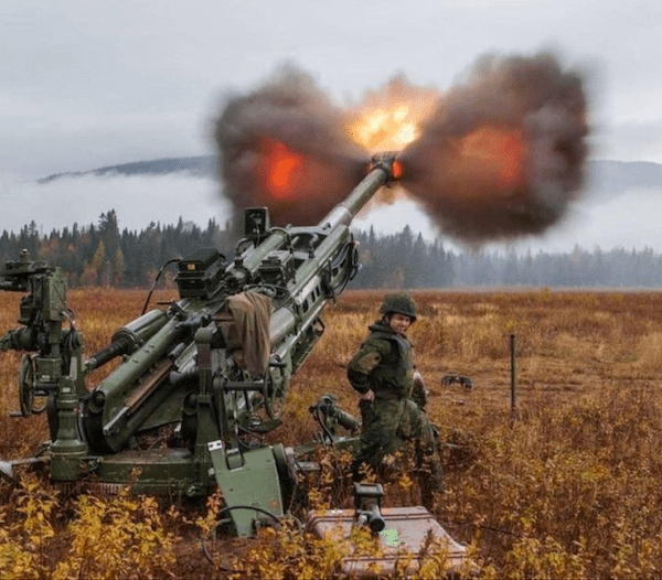 A soldier in uniform operates a large artillery cannon, with a burst of fire and smoke emerging from the barrel, in an open field surrounded by trees under a cloudy sky.
