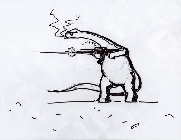 A sketch of a brachiosaurus standing on two legs, smoking a cigarette, and firing a machine gun with a muzzle flash visible.