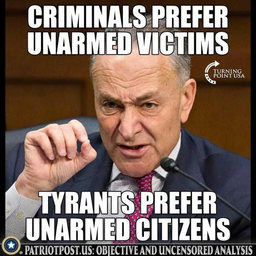 A man in a suit raises his hand while making a point. The text above says, "Criminals prefer unarmed victims," and below says, "Tyrants prefer unarmed citizens." The Turning Point USA logo is visible.