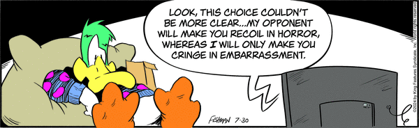 A cartoon duck sits on a couch with a remote, watching TV. Text reads: "Look, this choice couldn't be more clear... My opponent will make you recoil in horror, whereas I will only make you cringe in embarrassment.