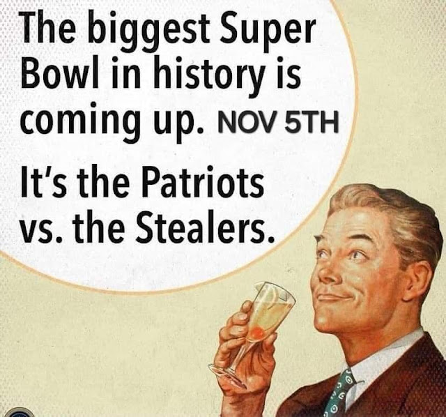 The biggest Super Bowl in history is coming up. NOV 5TH. It's the Patriots vs. the Stealers, so don't miss out on the action and make sure to have your game day leftovers ready! Illustration of a man holding a drink.
