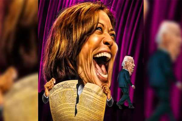 A caricature shows a woman laughing and holding a ripped document, while a man walks away in the background.