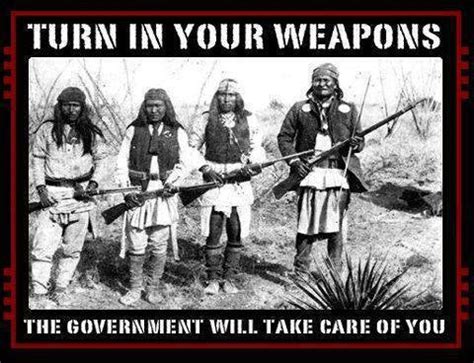 Historical black and white photo of four Indigenous men with weapons. Text reads: "Turn in your weapons. The government will take care of you.