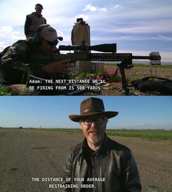 A person is aiming a large rifle at a shooting range while another person observes. A man in sunglasses and a hat smiles in the second image, with text overlaying both scenes.