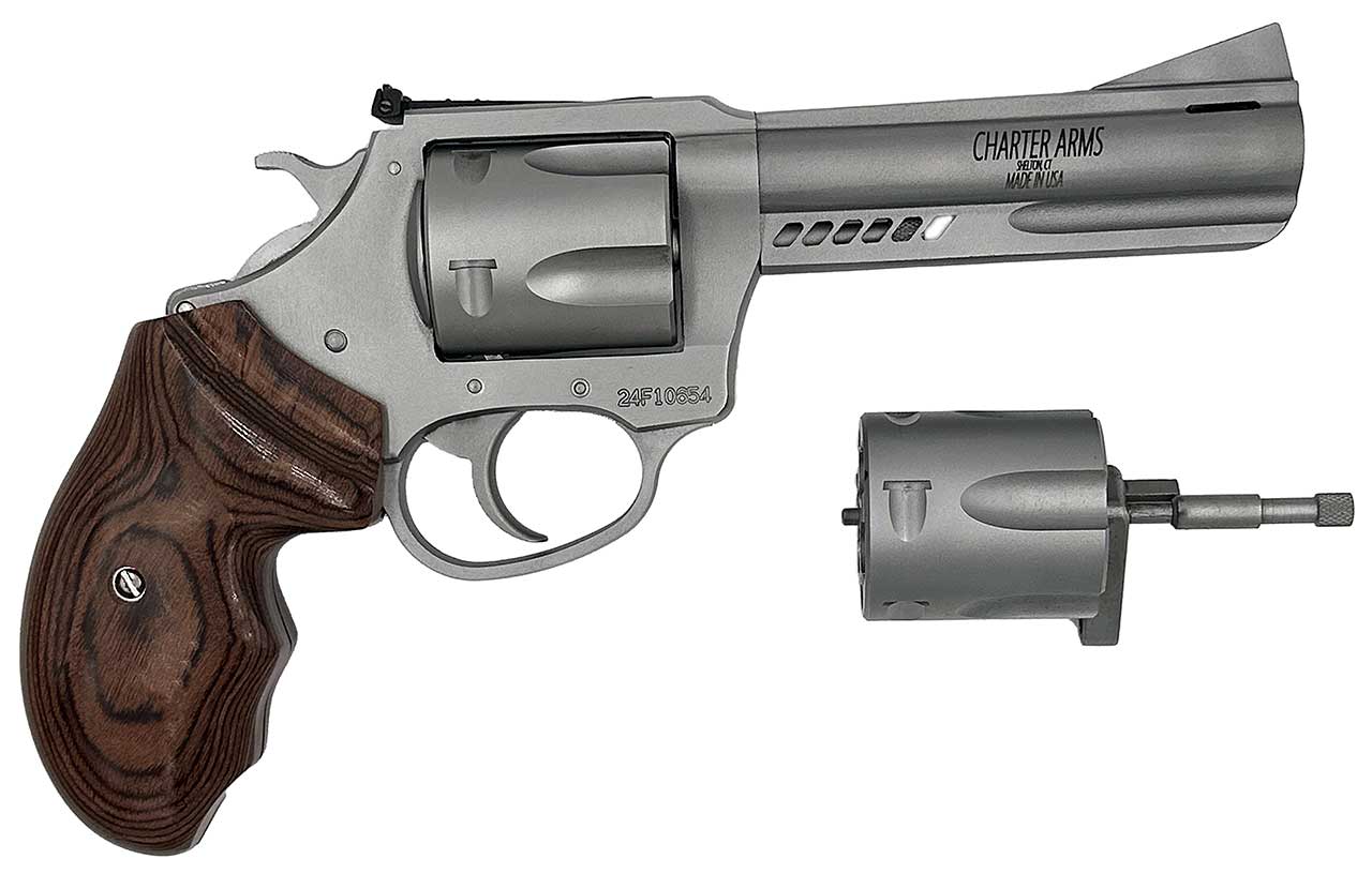A silver revolver with a wooden grip next to a detached cylinder, featuring the engraved text "CHARTER ARMS" on the barrel.