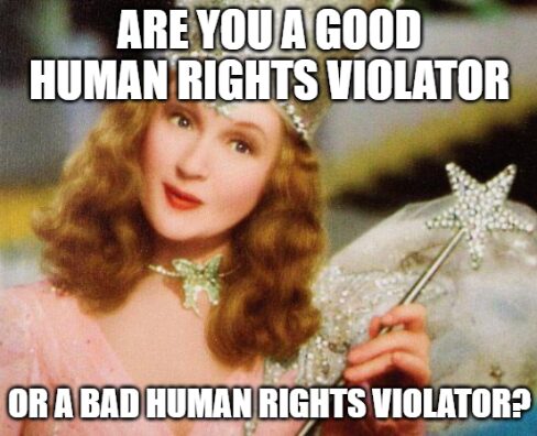 A woman in a fairy costume holds a wand. Text reads, "Are you a good human rights violator or a bad human rights violator?.