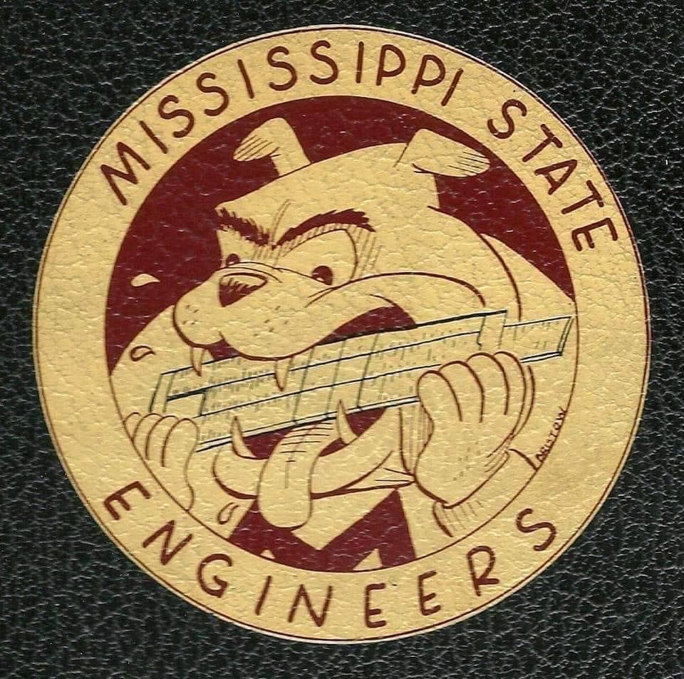 Mississippi State Engineers logo featuring a bulldog biting a slide rule on a circular emblem.