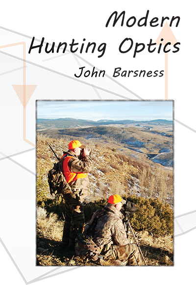 Book cover titled "Modern Hunting Optics" by John Barsness, featuring two hunters in camouflage gear with binoculars, overlooking a vast, open landscape.