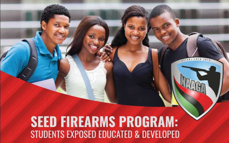 Four smiling students stand together. The image promotes the SEED Firearms Program by NAAGA, highlighting "Students Exposed Educated & Developed.