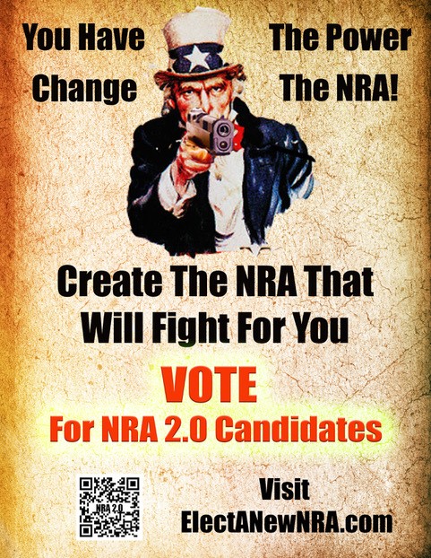 Uncle Sam pointing with text urging voters to support NRA 2.0 candidates. Includes a QR code and website link at the bottom.