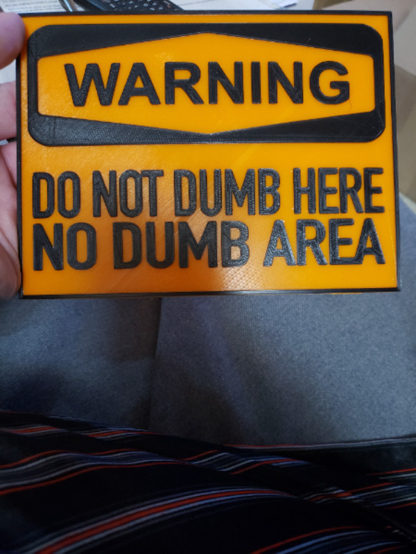 Yellow sign with black text reads: "WARNING: DO NOT DUMB HERE. NO DUMB AREA.