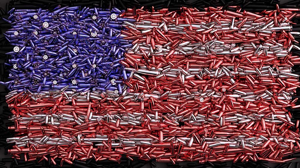 American flag made of red, white, and blue bullets arranged to form the flag's pattern.