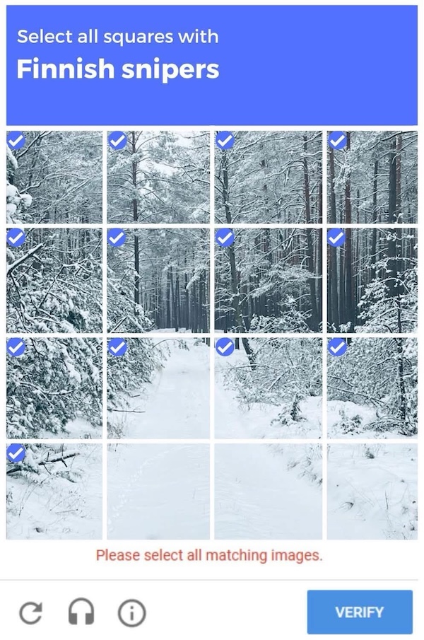 A CAPTCHA puzzle asking to select all squares with Finnish snipers, set in a snowy forest with several squares checked.
