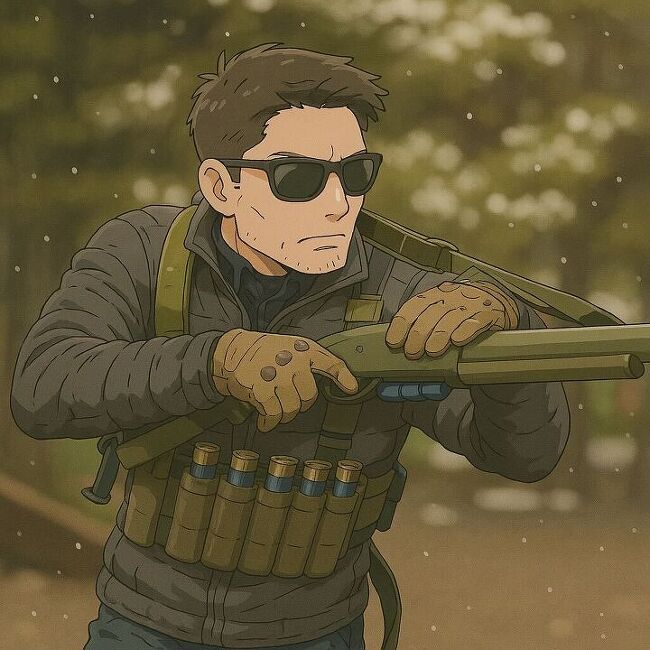 Illustration of a man in sunglasses and gloves holding a shotgun, with ammunition strapped to his vest. Snow is falling in the background.