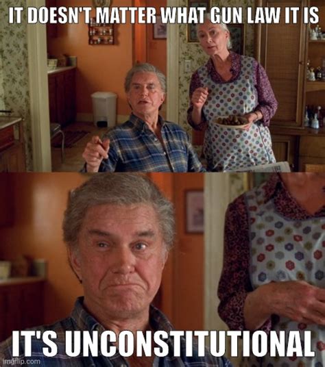 Two older adults in a kitchen, with text stating their opinion on gun laws being unconstitutional.