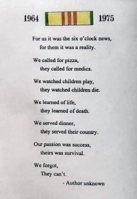 A poem contrasts everyday life at home with the experiences of soldiers during the Vietnam War, featuring service dates 1964–1975 and an unnamed green and yellow service ribbon.