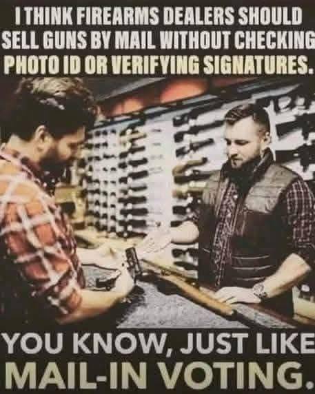 Two men in a gun store handle a rifle; text suggests firearms should be sold by mail without ID, comparing it to mail-in voting procedures.