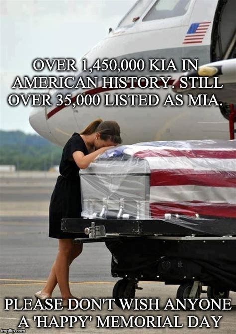 A woman leans on a flag-draped casket on an airport tarmac; text highlights U.S. military casualties and urges respectful observance of Memorial Day.