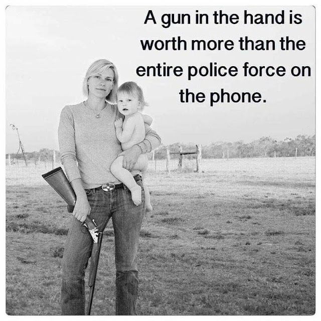 A woman stands outdoors holding a rifle in one hand and a child in the other, with text stating, "A gun in the hand is worth more than the entire police force on the phone.
