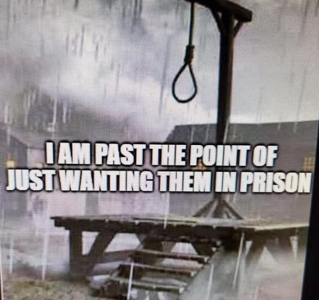 A wooden gallows with a noose in the foreground and stormy weather in the background. Text overlay reads: "I AM PAST THE POINT OF JUST WANTING THEM IN PRISON.