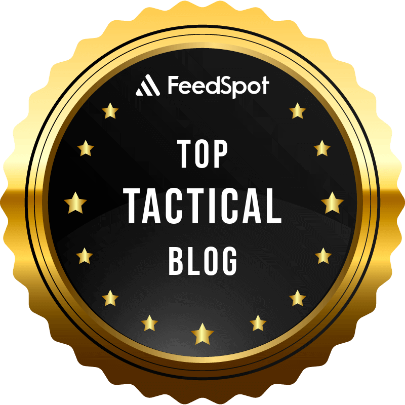 A gold and black circular badge with star accents displays the text "FeedSpot Top Tactical Blog.