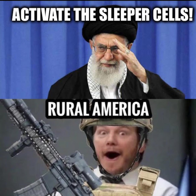 A two-panel meme shows a man in religious attire labeled "Activate the sleeper cells!" and a surprised soldier labeled "Rural America" holding a rifle.