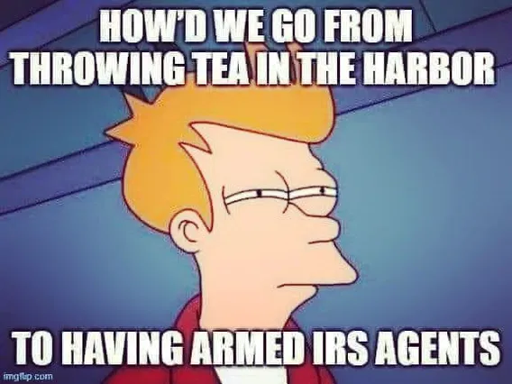 Cartoon character Fry squints suspiciously, with text above and below him saying, "How'd we go from throwing tea in the harbor to having armed IRS agents.