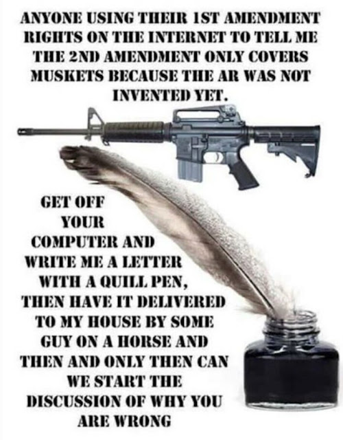 A meme shows an AR-style rifle and a quill pen with ink, overlaid with text arguing that modern technology should apply to both the First and Second Amendments.