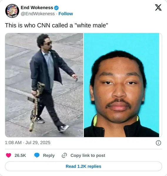 A side-by-side image shows a man walking with a rifle on the left and a close-up ID photo of the same man on the right. Tweet text comments on his description by CNN.