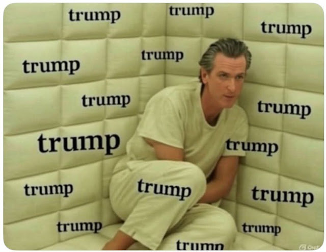 A man in beige clothing sits in a padded room, with the word "trump" repeatedly printed on the walls.