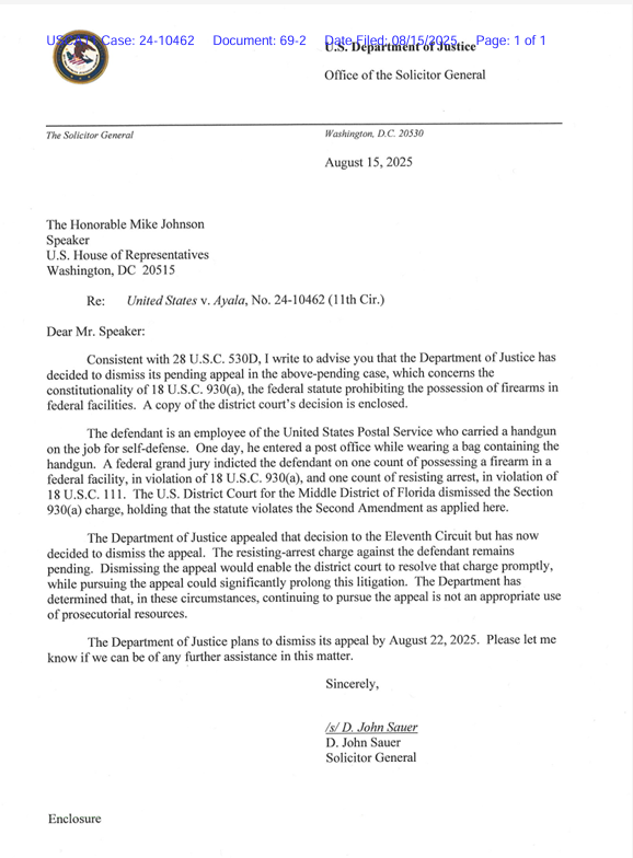 A formal letter from the Office of the Solicitor General to the Speaker of the U.S. House, discussing a court case about firearms possession and a decision to dismiss an appeal.