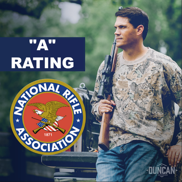 A man in camouflage holds a rifle. Next to him is the National Rifle Association logo and text reading '"A" Rating.'.