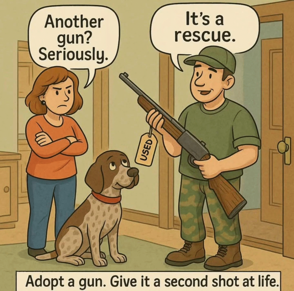 A man holding a used gun with a tag says, "It's a rescue," to an unimpressed woman, while a dog sits nearby. Caption below reads: "Adopt a gun. Give it a second shot at life.