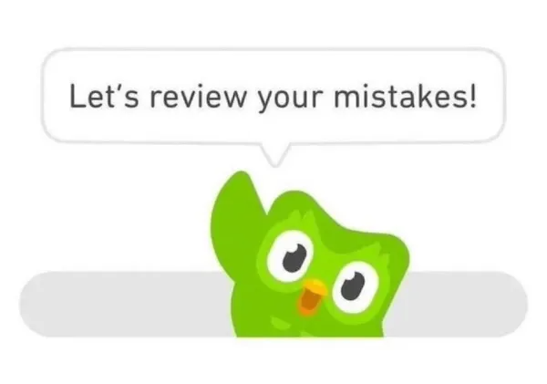 Green cartoon owl with a speech bubble that says, "Let's review your mistakes!" above its head, on a plain background.