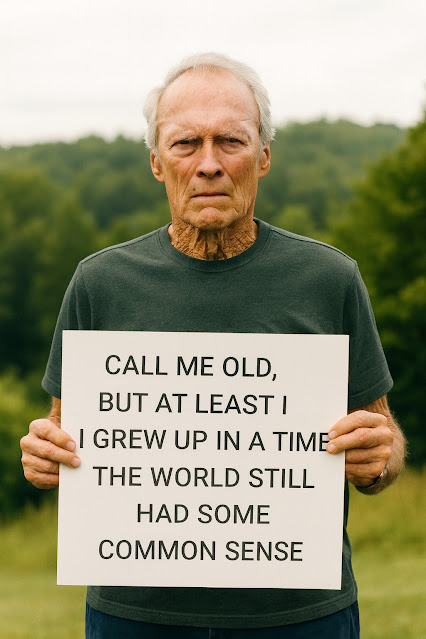Older man standing outdoors, holding a sign that reads, "CALL ME OLD, BUT AT LEAST I GREW UP IN A TIME THE WORLD STILL HAD SOME COMMON SENSE.