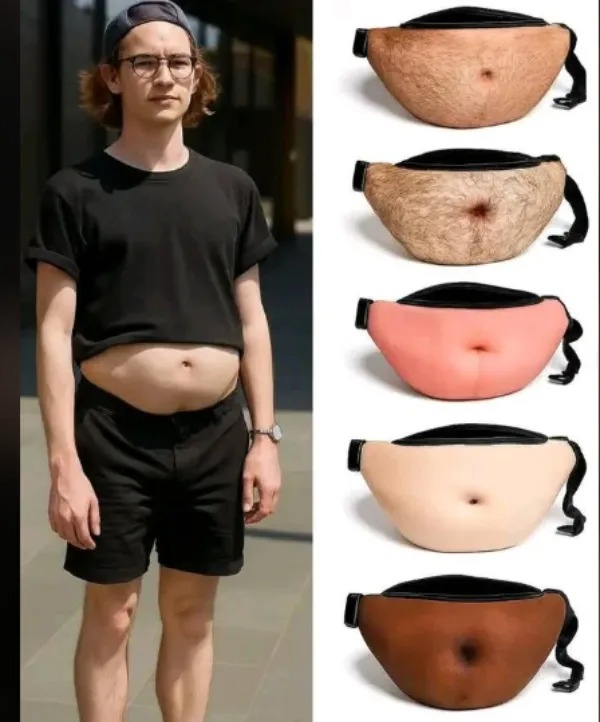 A person wearing a fanny pack designed to look like a human belly, with four similar fanny packs in different skin tones displayed beside them.