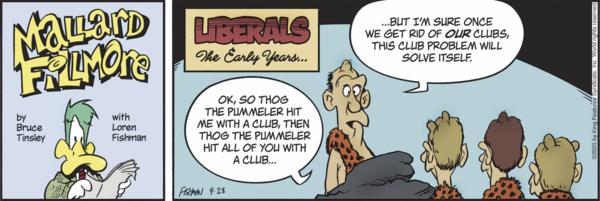 A comic strip shows cavemen discussing clubs; one says, "Once we get rid of our clubs, this club problem will solve itself," referencing early humans and the concept of weapon control.