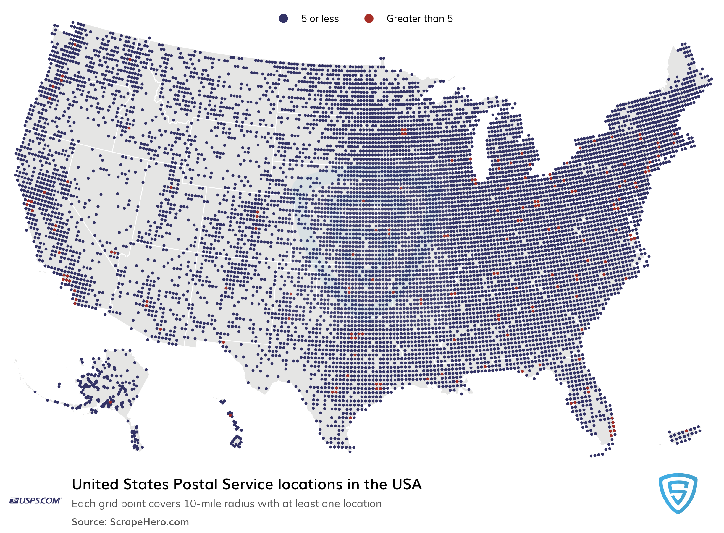 A map of the USA showing USPS locations; blue dots indicate 5 or fewer locations, red dots indicate more than 5, with denser clustering in the eastern half of the country.