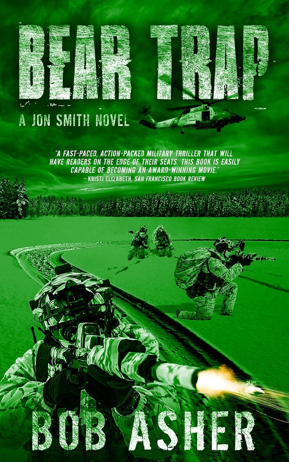 Book cover for "Bear Trap" by Bob Asher, featuring soldiers in combat gear with guns, a helicopter flying overhead, and a green military-themed color scheme.