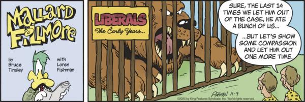 Comic strip shows a caged, snarling animal labeled "LIBERALS" and two men discussing letting it out despite knowing it previously attacked people.