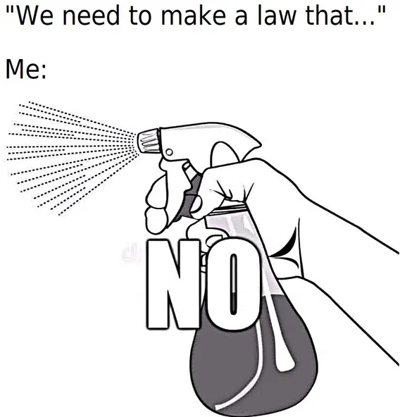 A hand sprays a bottle labeled "NO" in response to the phrase "We need to make a law that..." illustrated above the image.