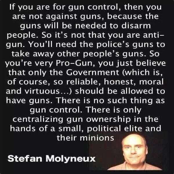 A quote by Stefan Molyneux argues that gun control centralizes gun ownership with the government and political elite, implying ordinary citizens are disarmed.
