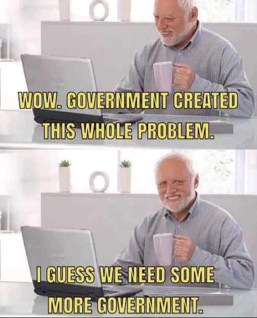 An older man with a mug looks at a laptop. Text reads: "Wow. Government created this whole problem. I guess we need some more government.