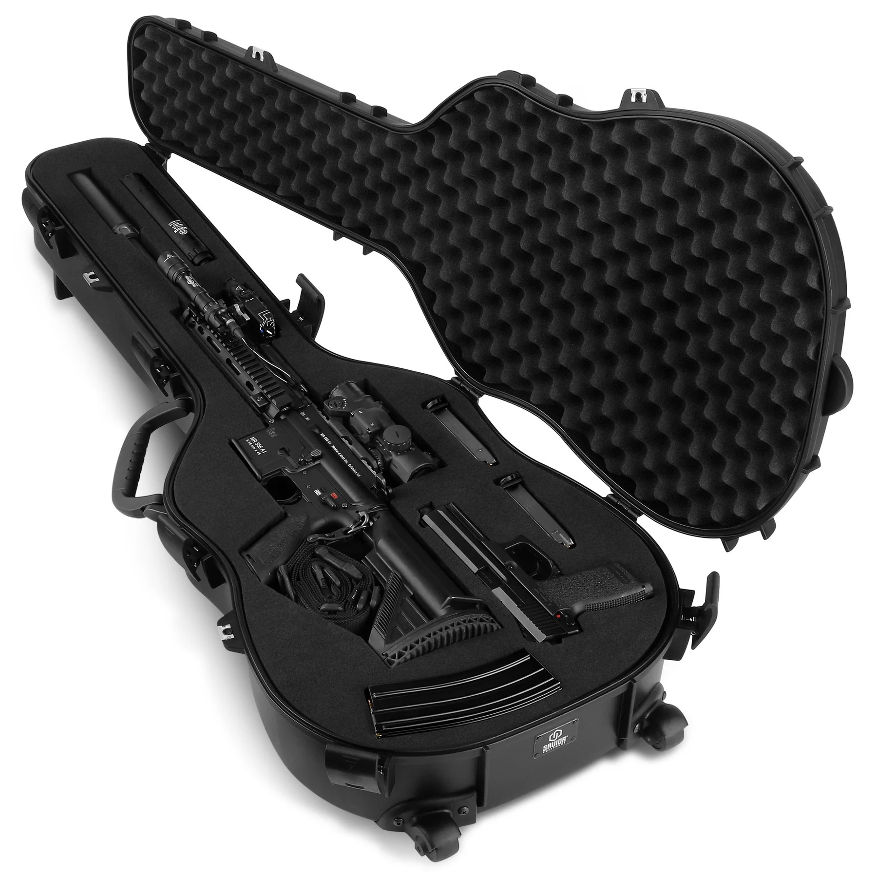 A black rifle with accessories is stored inside a foam-padded, hard shell case shaped like a guitar case.
